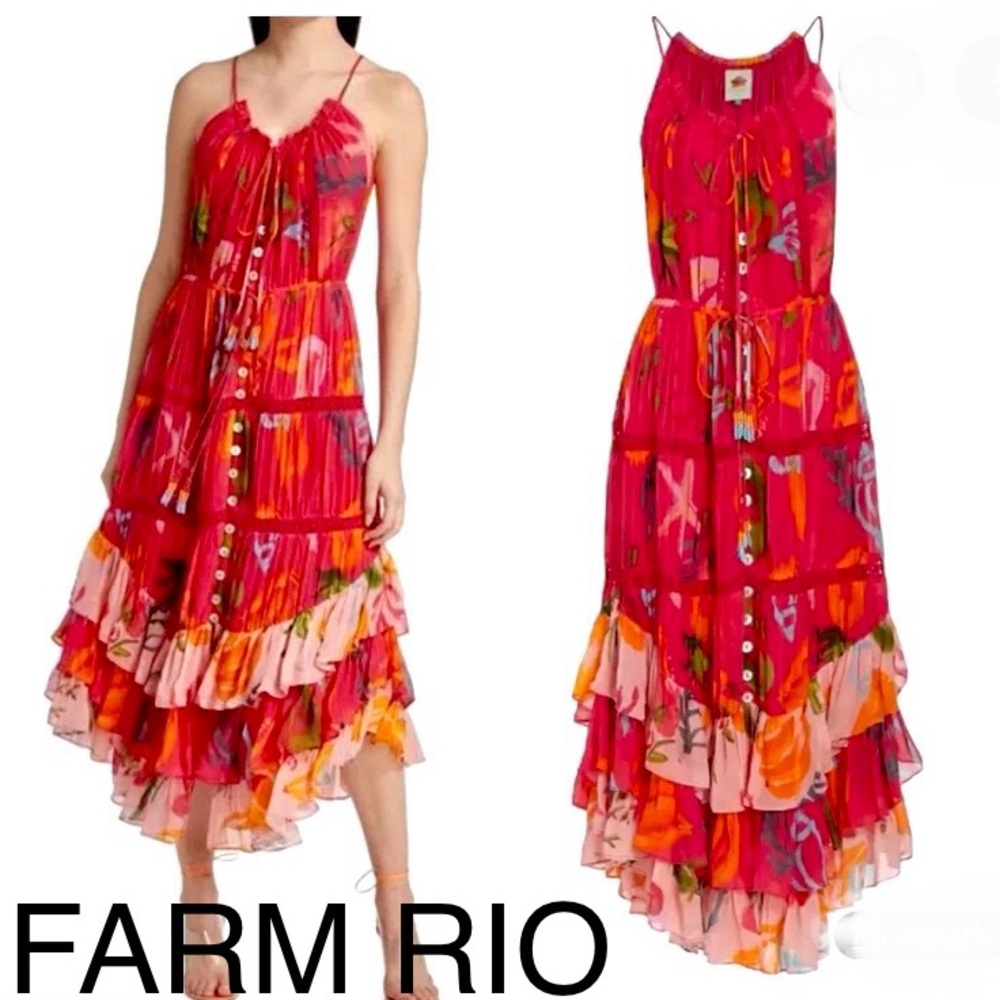 FARM RIO Mixed Fruits Ocean Maxi dress RED  size XL